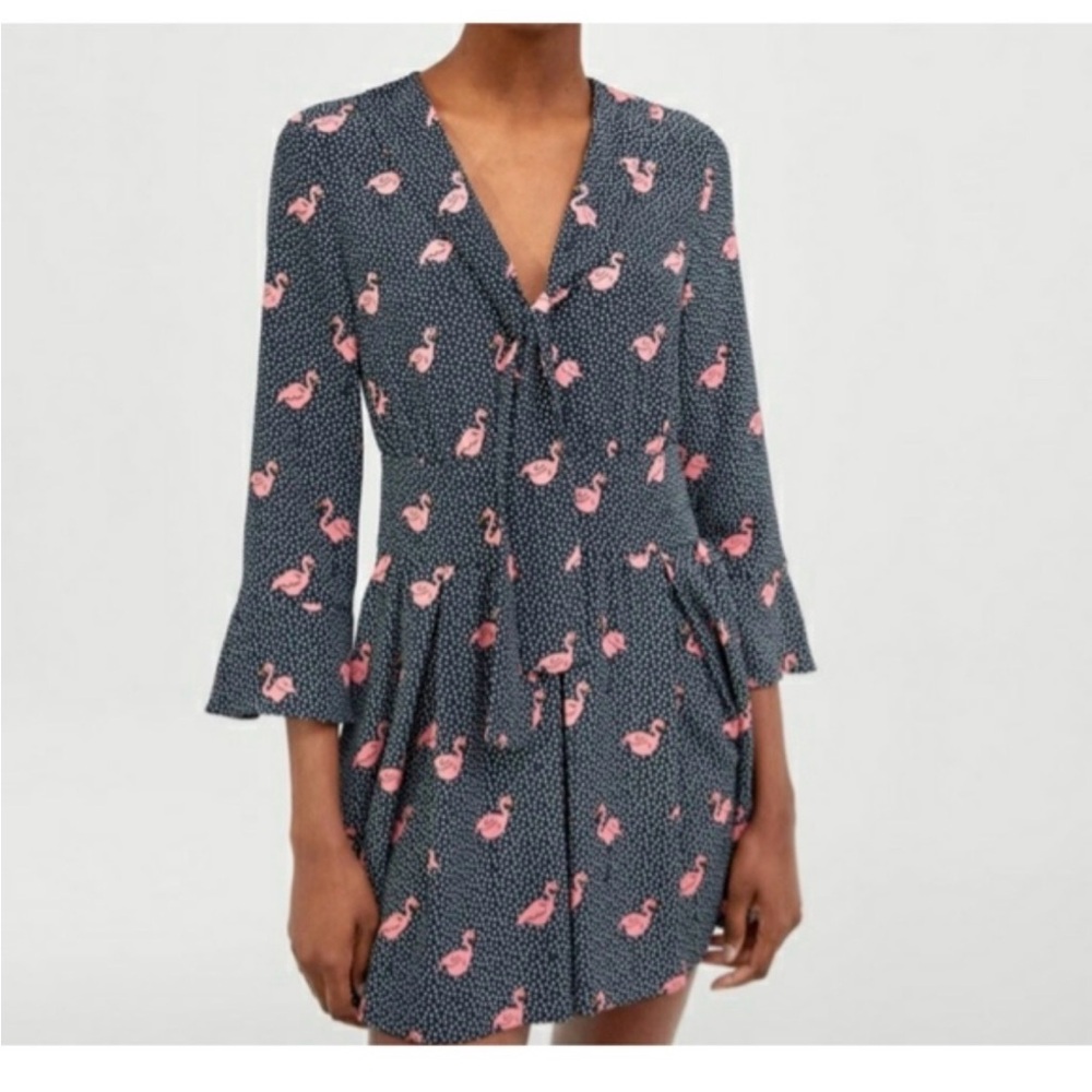 Navy Romper with Pink Flamingo and Polka Dot Print